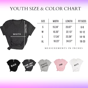 the youth size and color chart for a t - shirt