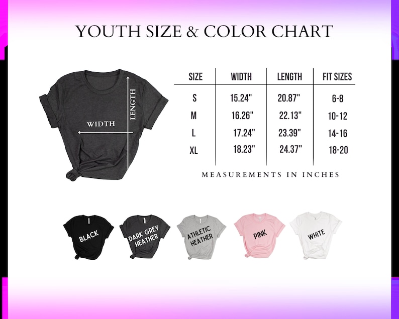 the youth size and color chart for a t - shirt