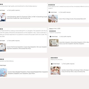 May include: A collage of customer reviews for various Etsy products, including sweatshirts and t-shirts. The reviews feature text and images of the items, with star ratings and comments about product quality and customer service. The products include Christmas and pet-themed apparel.