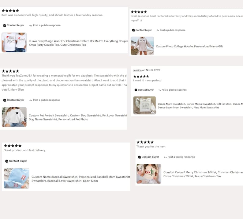 May include: A collage of customer reviews for various Etsy products, including sweatshirts and t-shirts. The reviews feature text and images of the items, with star ratings and comments about product quality and customer service. The products include Christmas and pet-themed apparel.