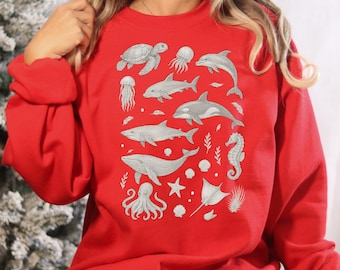 Sea Animals 90s Vintage Style Sweatshirt, Retro Ocean Sea Sweater, Sea Whale Orca Turtle Sweat, Dolphin Sweat, Sea Life Tee, Tee for Fishing