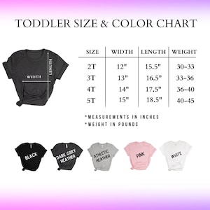 toddler size and color chart for a t - shirt