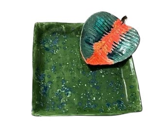 NWOT Hand painted Colorful Square Botanical Ceramic Tray With Large Pressed Leaf