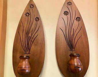 Wooden Vintage Candle Sconces Hand carved by Wood Whittlers in Gatlinburg, TN.