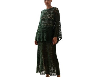Handmade Green Crochet women's long sleeves boat neck top, maxi Skirt Set