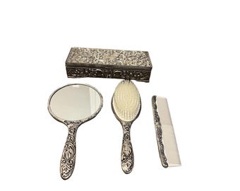 Godinger Ornate Silver Plated Jewelry Box, Hand Mirror, Comb, And Brush
