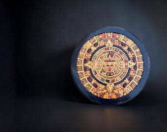 Vintage Handmade In-laid Wood Aztec Sun Calendar