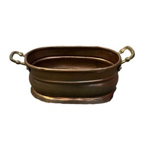 Liten vintage kopparpanna med mässingshandtag ~ Patina, dockhus? 7 1/8"L