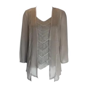 May include: A two-piece women's outfit in a neutral beige color. The outfit includes a long-sleeved, open-front cardigan and a sleeveless top with a textured, geometric design. The cardigan has a flowing, lightweight appearance.