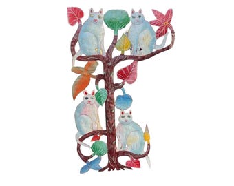 Handgjorda/Handmålade trummor av återvunnet stål. Katter i träd.