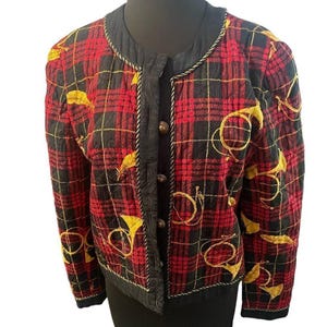 Vintage Adrianna Papell Women's Silk Quilted Plaid Horn Baroque Jacket, Size 10 image 3