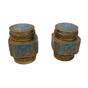 Pair of Vintage Chinese Urn Snuff Brass and Enamel Lidded Trinket Tea Jar