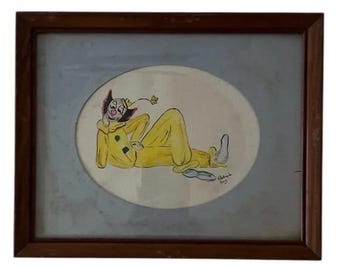 Vintage 80-tals akvarell clownmålning av konstnären Patricia King