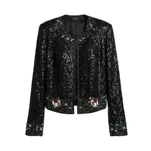 May include: A black sequined jacket with a round neckline and long sleeves. The jacket features floral embroidery in green, red, and white along the collar, cuffs, and hem. The jacket is fully sequined and has a front closure.