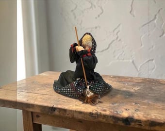 Vintage Flying Witch With Magic Broom, Good Luck Witch Doll,