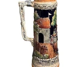 Vintage Gerz 4 Liter Germany Castle Tower Ceramic Beer No Lid Stein Farm Scene