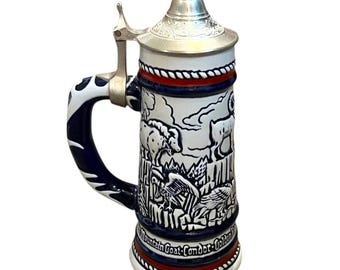 Jarra de cerveza vintage Avon de 1976 con tapa de porcelana, fabricada en Brasil.