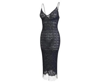 Black Diagonal Women's Strapless Fringed  Maxi Dress Crochet Beaded