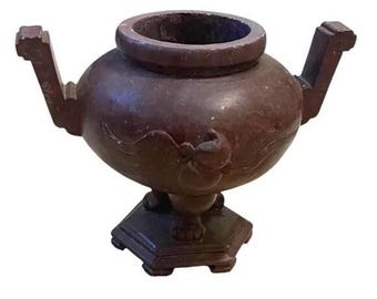 Hand Carved Chinese Footed Soapstone Urn Bowl Numbered Brownish Red
