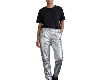 Vintage Raw Basix Silver 100% Leather Metallic Straight Leg Women's Pants Medium