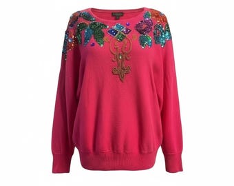Vintage B.I B/ S.M.L. Sport rosa juvelfärgad paljetttröja, storlek 1X