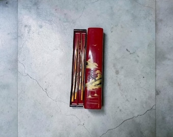 RED Lacquer Box with Chopsticks Vintage  Hand Painted Okinawan  10 1/4" L