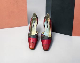 Vintage Costa blanca silk multi color strip dot heels Sz 8.5, Made in Spain