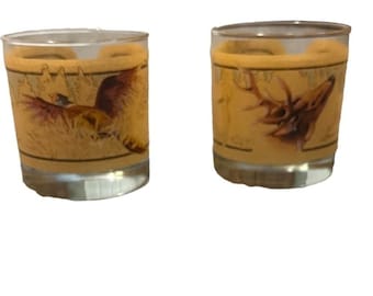 S/2 Vintage MCM Cocktail Rocks Glasses Outdoorsman American Wildlife O'Brien
