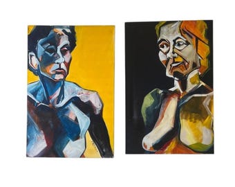 Set 2 Impressionistisk konstmålning, originalkonstverk Kvinnoporträtt Olja på duk