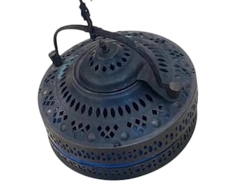 Vintage blauw opvouwbaar theelichtje van metaal en stof, hangende lantaarn,