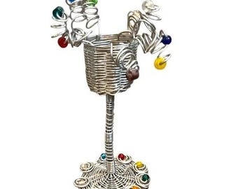 Vintage 90-tals metallskulptur ljusstake med konstgjorda rubiner i ädelstensstil