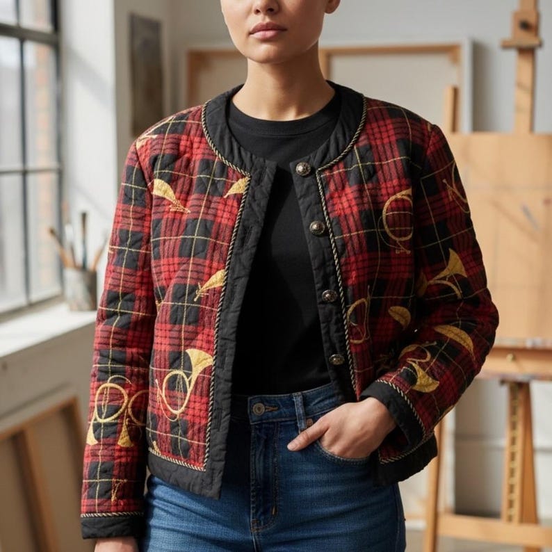 Vintage Adrianna Papell Women's Silk Quilted Plaid Horn Baroque Jacket, Size 10 image 1
