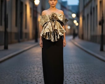 VTG Norman Berg för Denise Fashions Damklänning i metallic svart och guldfärgad