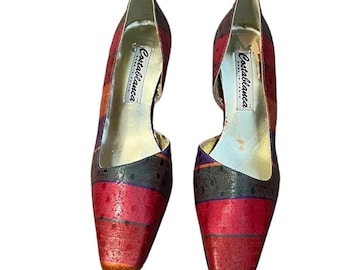 Zapatos de tacón vintage de seda Costa Blanca con rayas multicolor y lunares, talla 8.5, hechos en España.