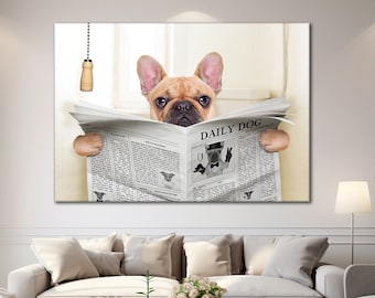 French Bulldog Reading Newspaper In Toilet Framed Canvas Wall Art, Dog Artwork, Funny Animal Canvas Poster, Funny Dog Home Decor