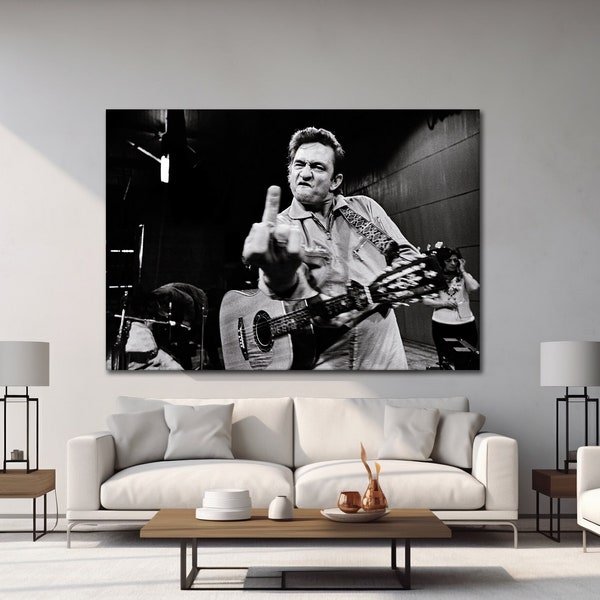 Johnny Cash Middle Finger At San Quentin Prison Canvas Wall Art, Celebrity Wall Art, Rockstar Posters, Prints, Pictures, Photos, Home Decor