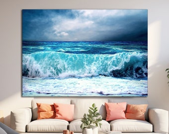 Beautiful Blue Stormy Sea Waves Ocean Modern Design Home Decor Canvas Print Wall Art Picture Wall Hanging