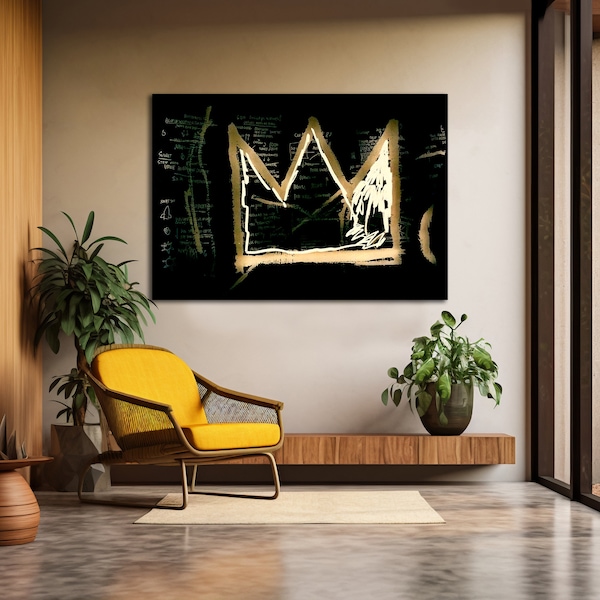 Black Surface Jean Michel Basquiat's Crown Canvas Wall Art, Crown Poster Print, Painter's Home & Office Decoration, Canvas Ready To Hang