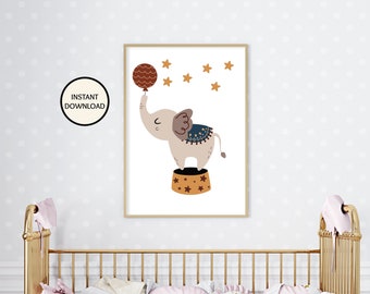 Circus elephant digital print, Digital download nursery print for baby or child's room, Circus animal wall decor, Gift for baby