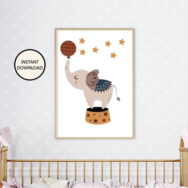 Circus elephant digital print, Digital download nursery print for baby or child's room, Circus animal wall decor, Gift for baby