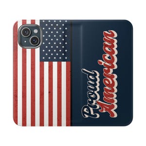 誇り高きアメリカのフリップケース、愛国的な携帯電話カバー、アメリカ国旗ウォレットケース、退役軍人への贈り物、独立記念日のアクセサリー