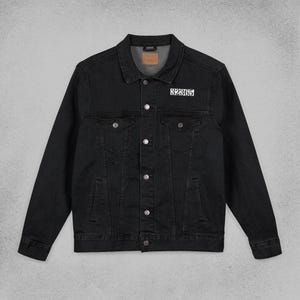 Black Denim Jacket Street Style Casual Wear Everyday Outfit Classic Look Vintage Inspired Retro Fashion Unisex Piece Button Detail Patch