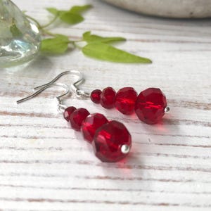 Deep Red Drop Earrings. Sparkly Glass Crystal Beaded. Dangly Vintage Style Earrings. UK Handmade