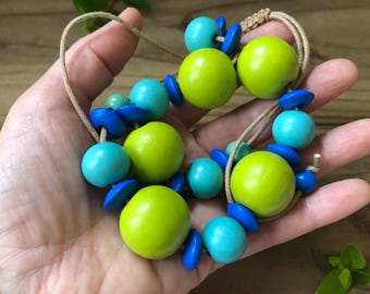 Chunky Blue & Green Wooden Necklace. Modern Retro Beaded Necklace.  UK Handmade