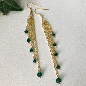 Long Emerald Green & Gold Earrings. Chain Tassel, Sparkly Glass Crystal Beads. Uk Handmade Jewellery