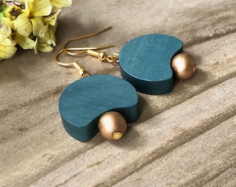Teal Green Wooden Earrings. Lightweight Beaded. Gold or Silver. UK Handmade Modern Retro Jewellery