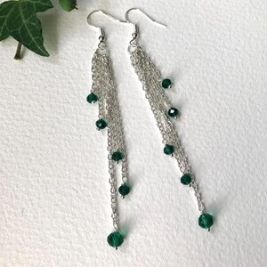 Long Emerald Green & Silver Earrings. Chain Tassel With Sparkly Glass Crystal Beads. Uk Handmade Jewellery