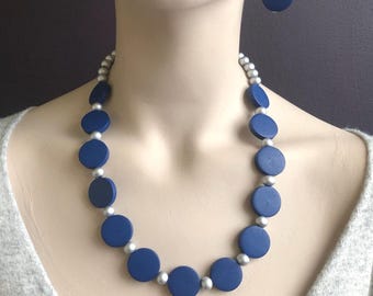 Dark Blue Wooden Bead Necklace. Disc Beads. Beaded Geometric Modern Retro Jewellery. Uk Handmade