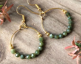 Green Jade Bead Earrings. Beaded Dangle Hoops. Gold Plated. Elegant Boho Earrings