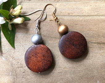 Dark Brown Wooden Earrings: Wood Disc Bead Dangle. Geometric Modern Retro. UK Handmade
